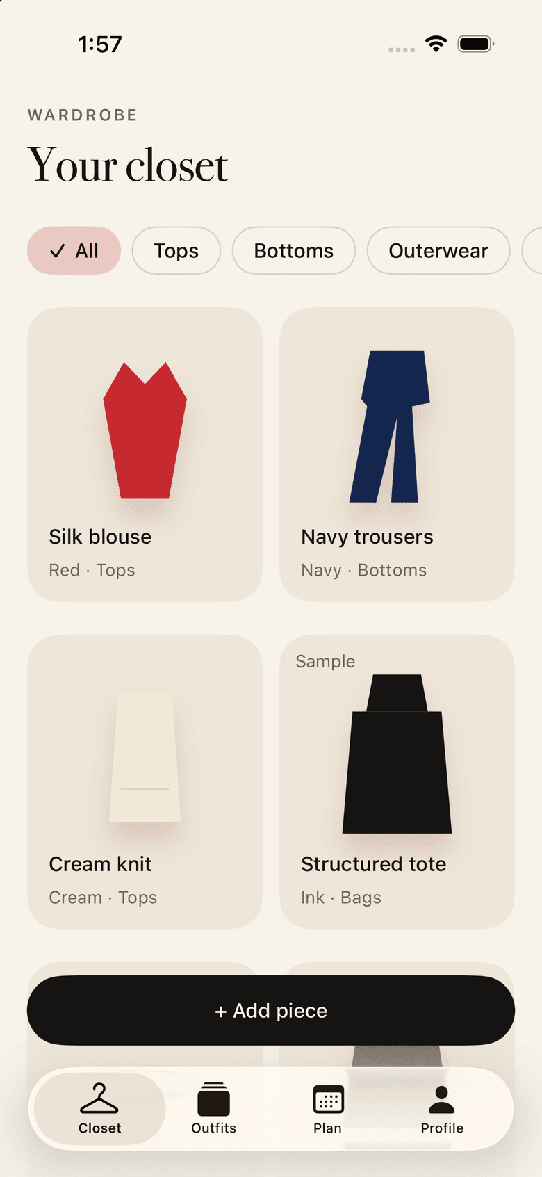 Wardelle closet on iPhone: garment photos cut out and filed by category