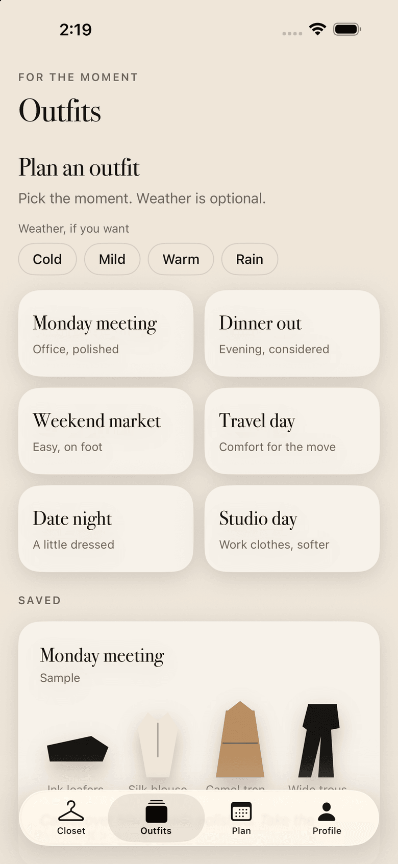Wardelle outfit planner with occasion cards and optional weather chips