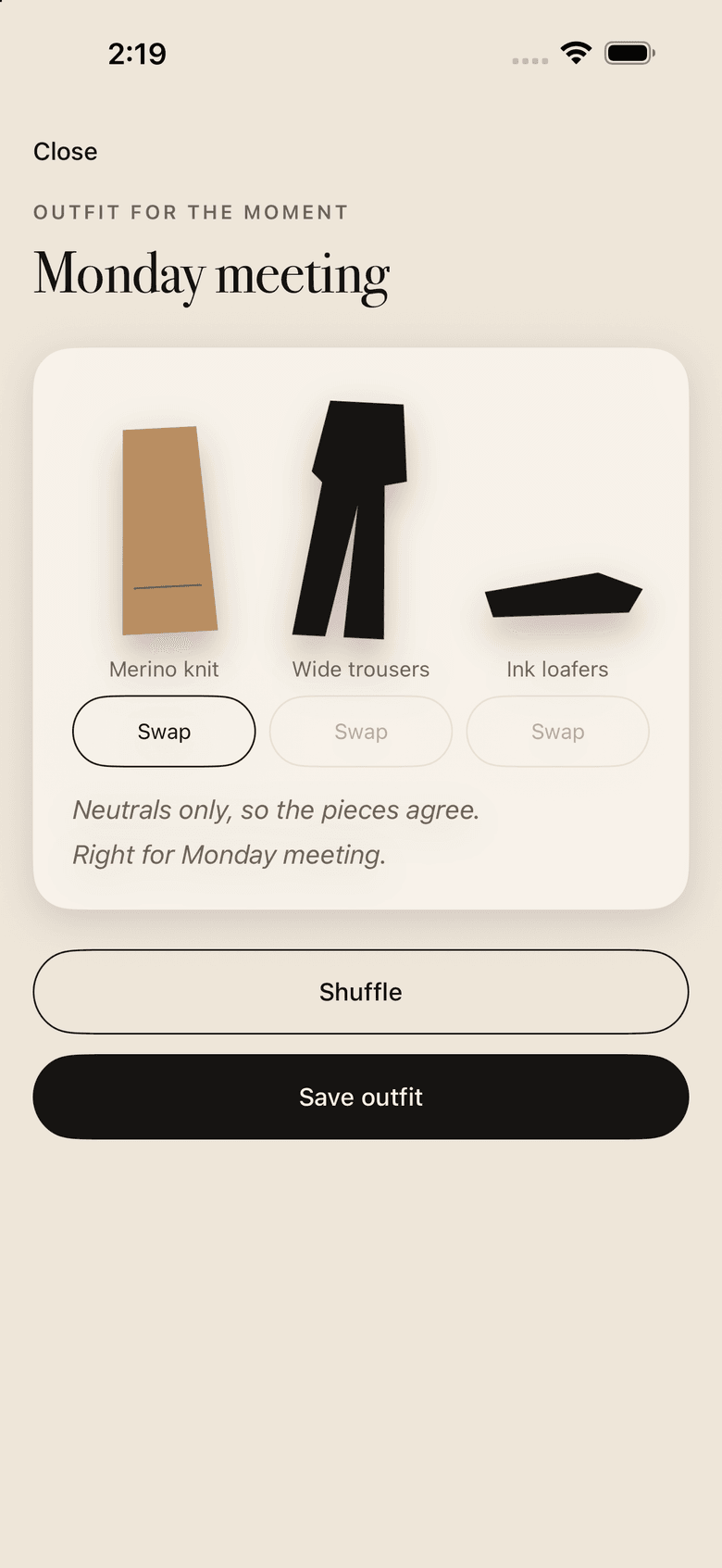 A Wardelle outfit built from closet pieces, with Shuffle, Swap and Save outfit