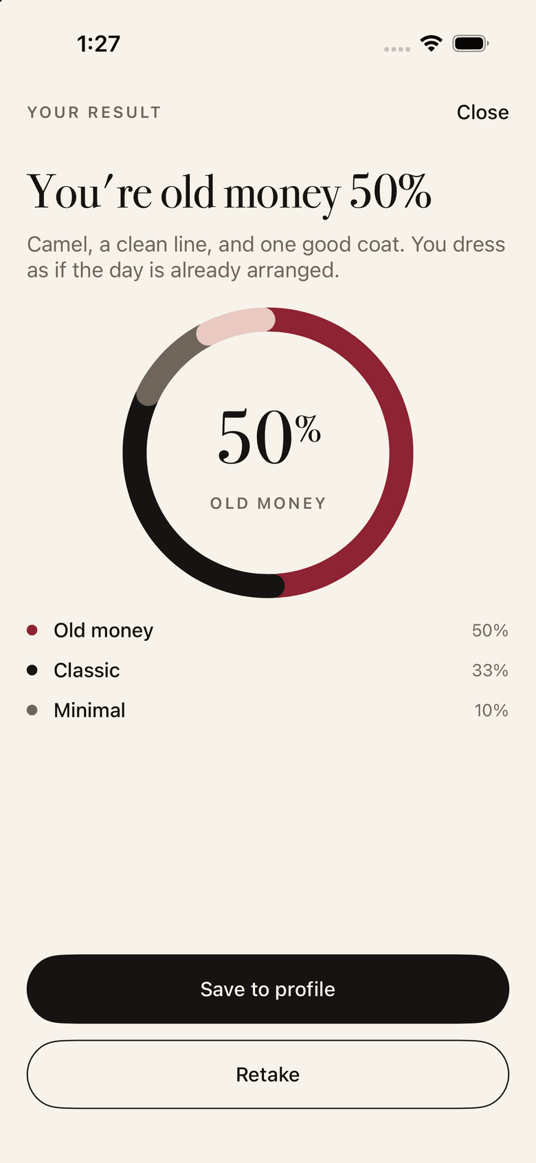 Wardelle style quiz result: a donut showing the percentage for each look