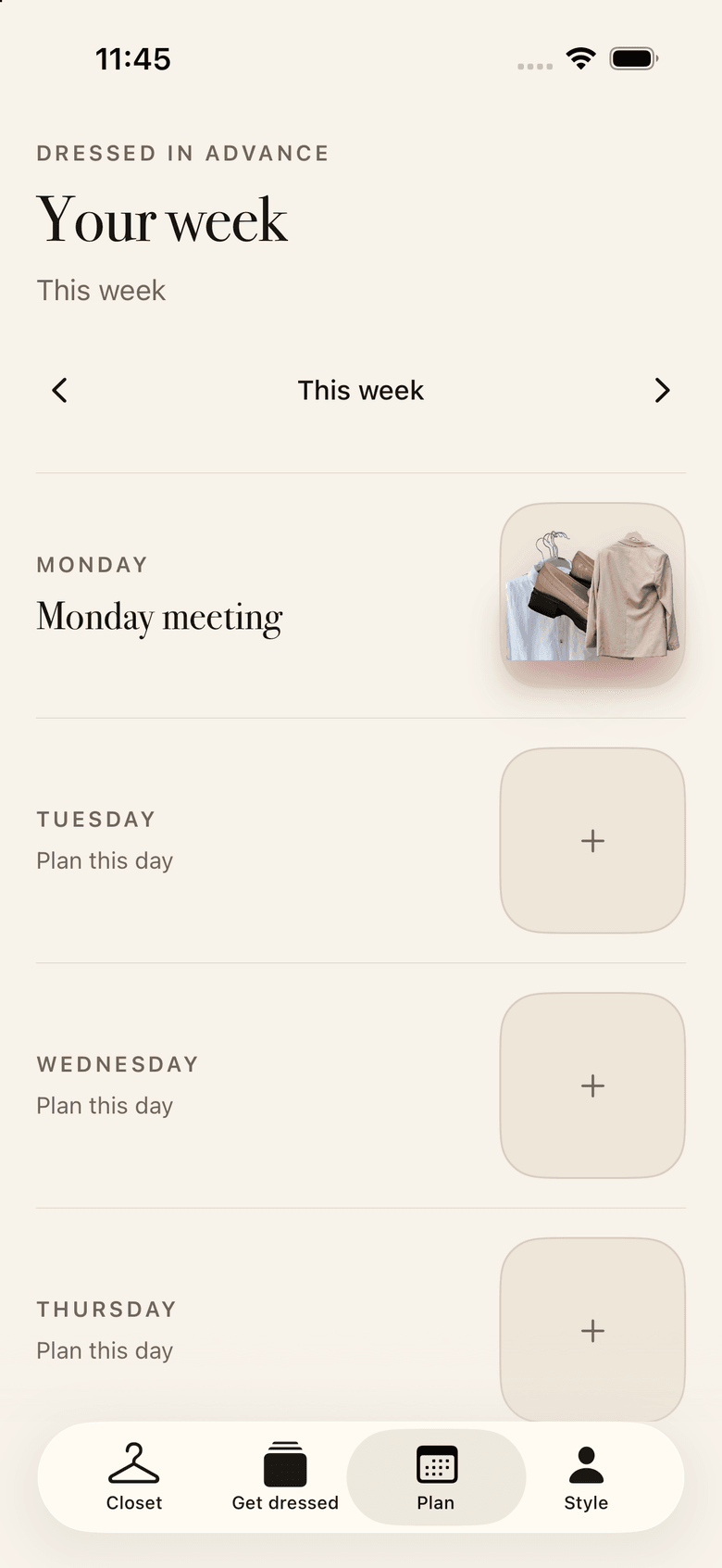Wardelle week view with an outfit planned for each day