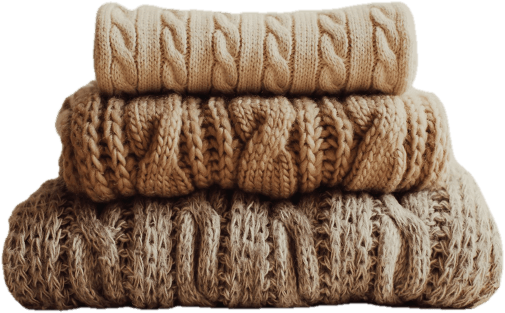 Stack of three cable-knit jumpers in camel and cream