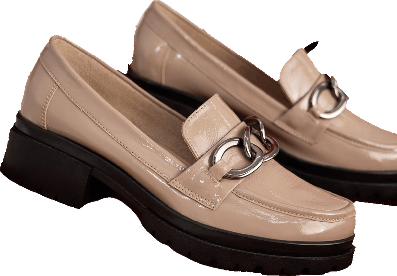 Beige patent loafers with a chunky chain detail