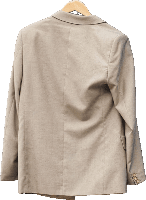 Tan jacket on a wooden hanger